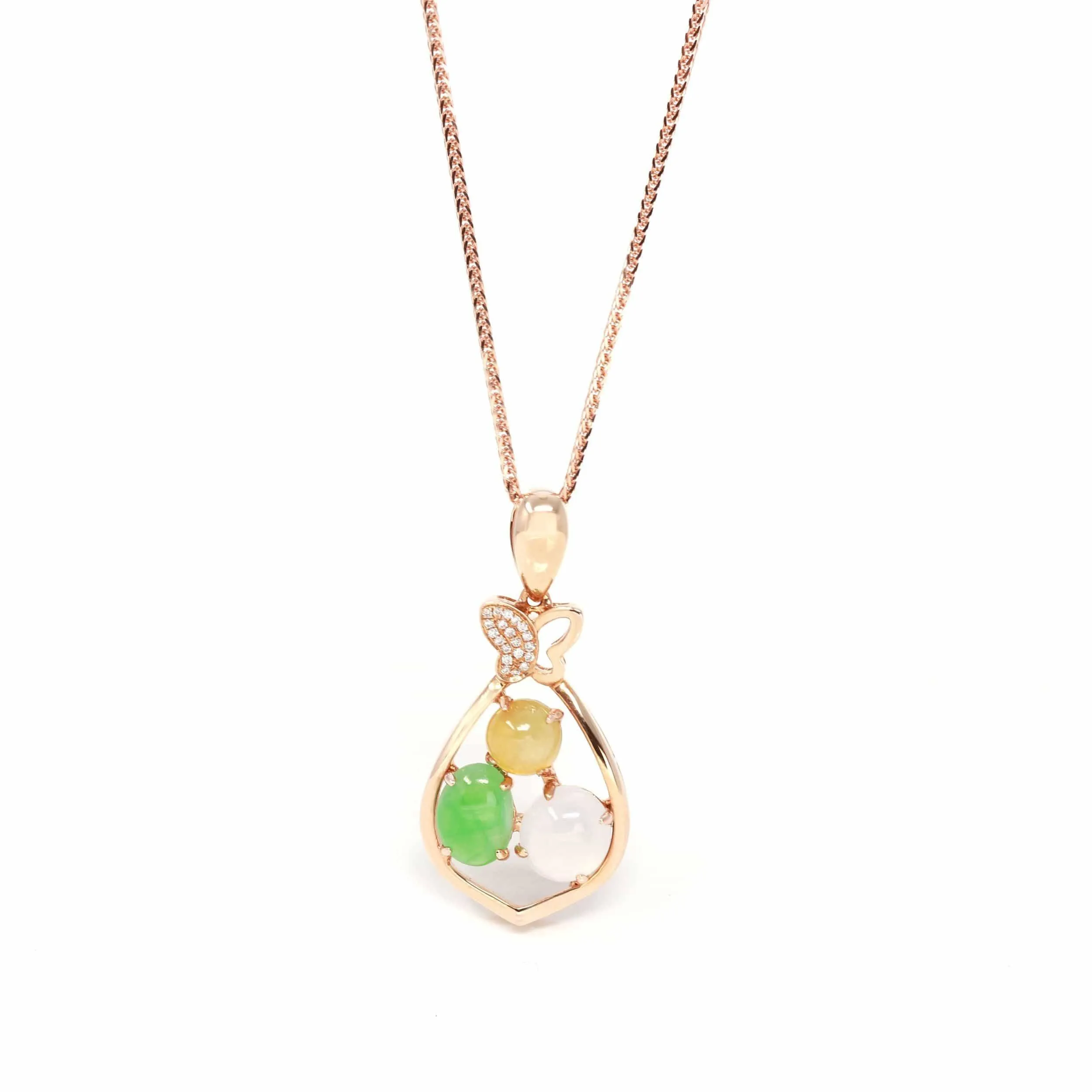 Baikalla™ "Money Sack" 18k Rose Gold Multi-Colored Jadeite Jade Diamond Pendant Necklace