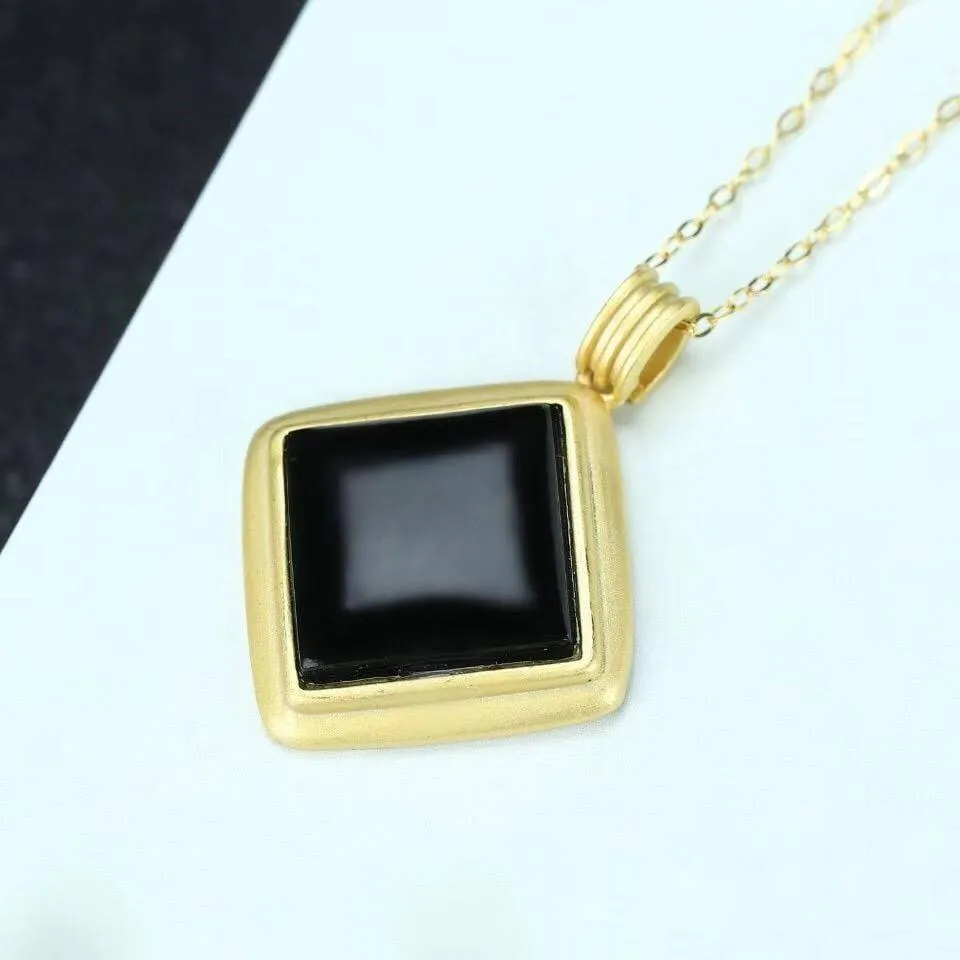 Baikalla™ Sterling Silver Real Black Nephrite Jade Classic Square Pendant Necklace