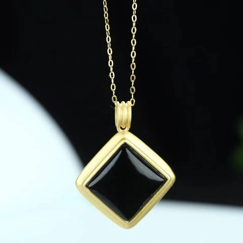 Baikalla™ Sterling Silver Real Black Nephrite Jade Classic Square Pendant Necklace