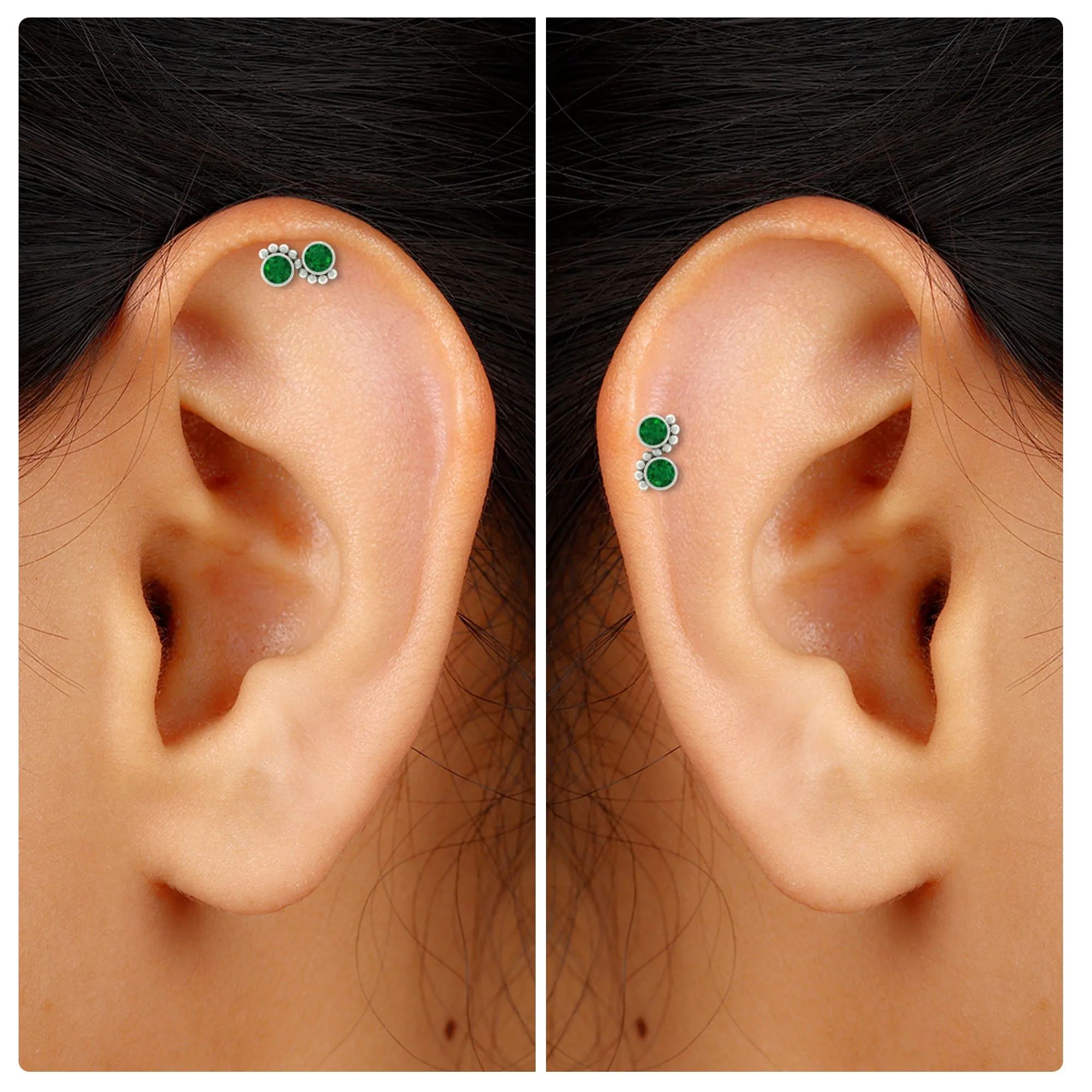 Bezel Set Emerald Two Stone Helix Earring with Gold Beaded