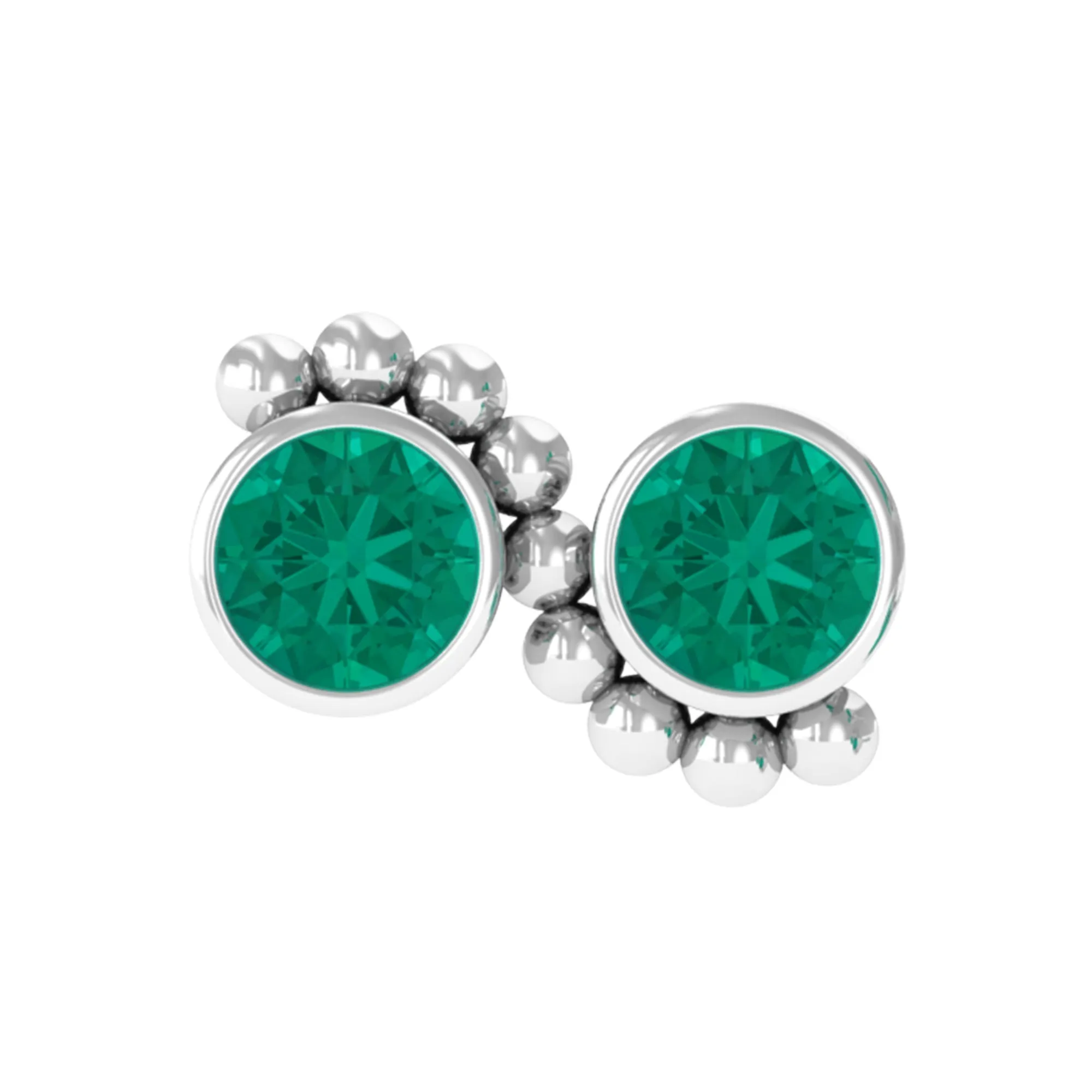 Bezel Set Emerald Two Stone Helix Earring with Gold Beaded