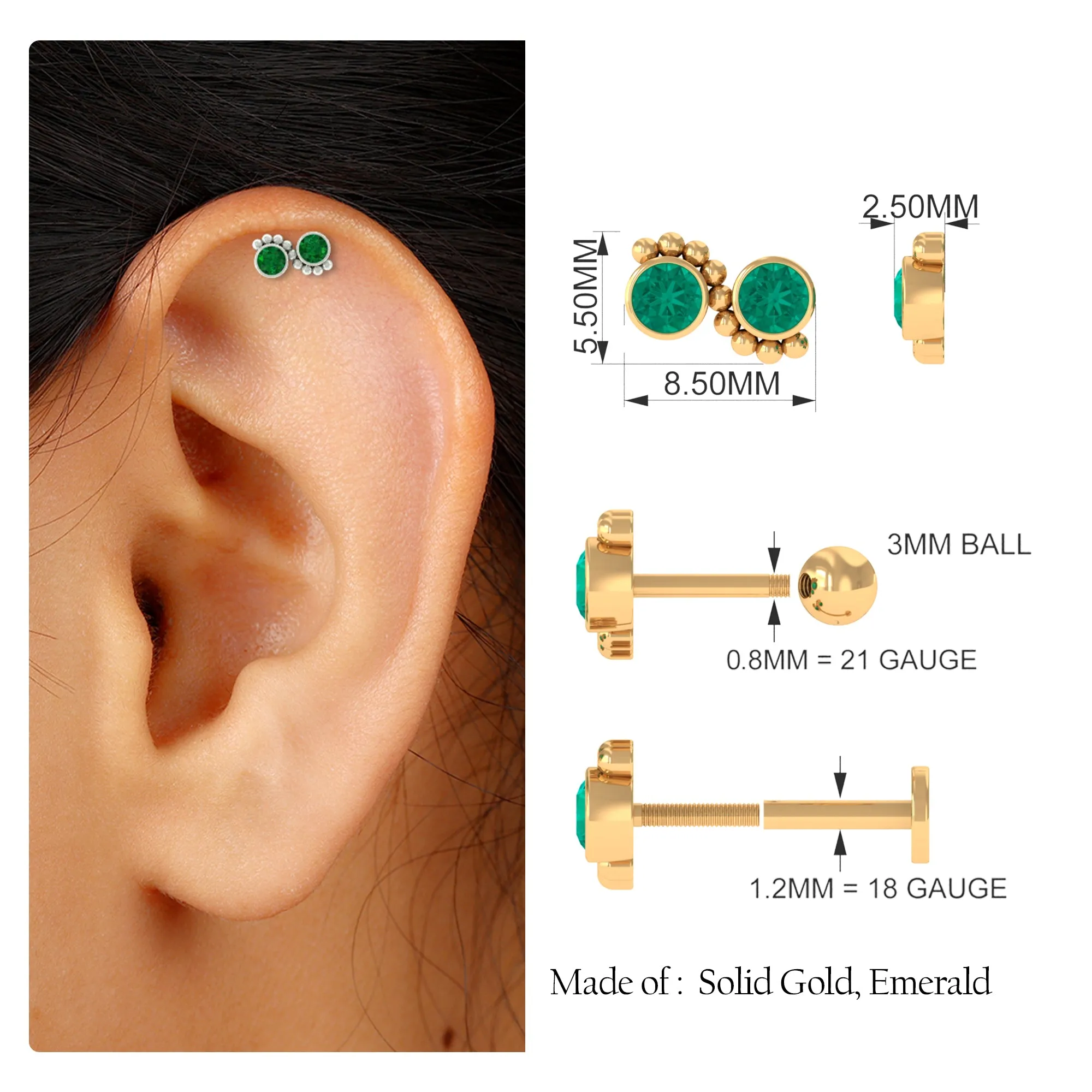 Bezel Set Emerald Two Stone Helix Earring with Gold Beaded