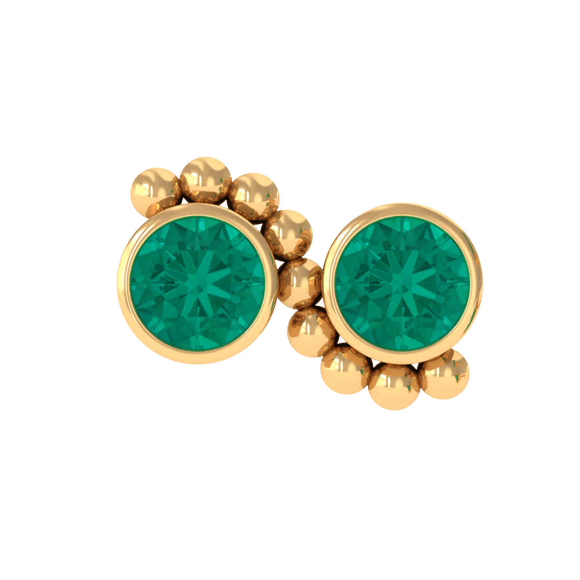 Bezel Set Emerald Two Stone Helix Earring with Gold Beaded