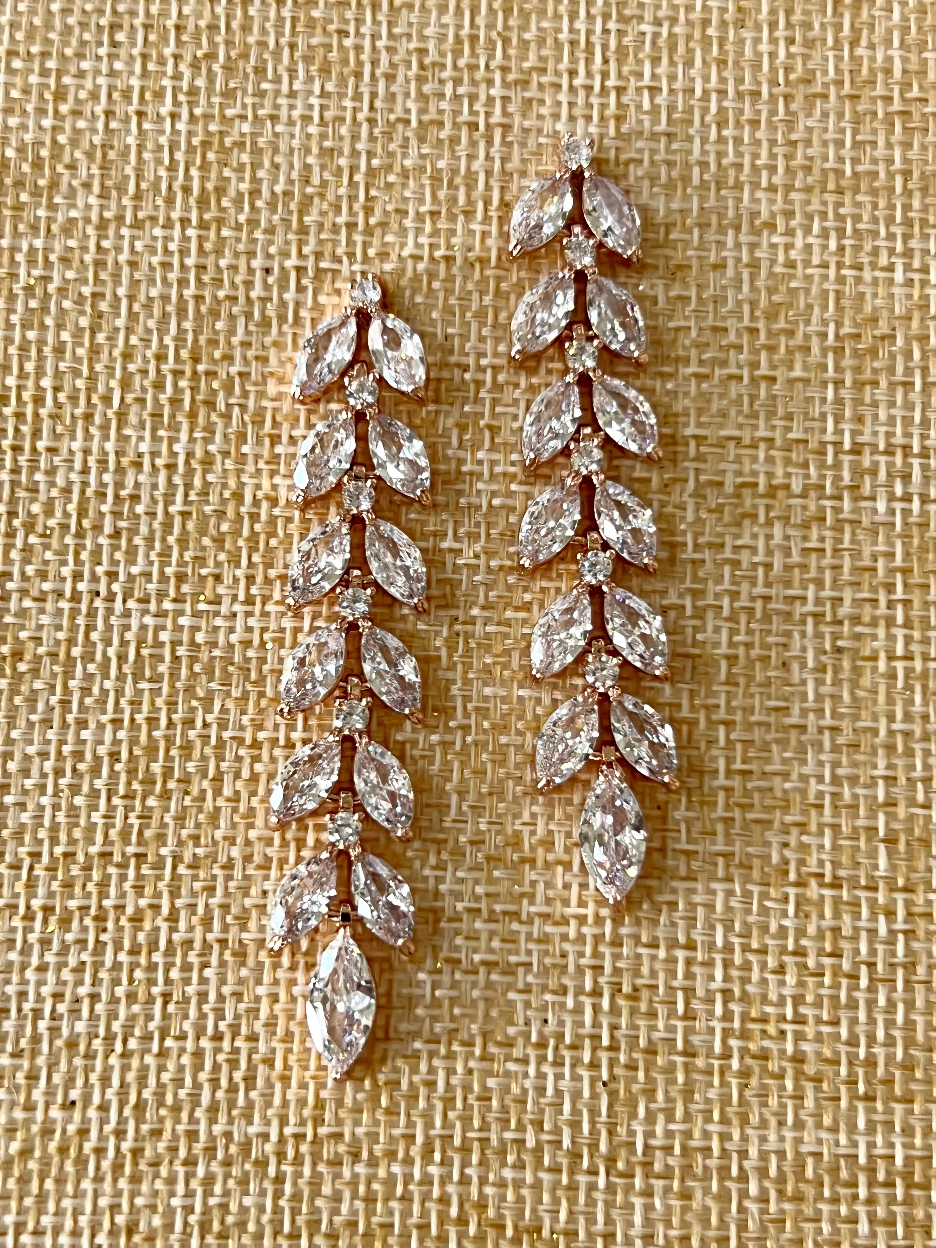 Bridal Earrings, Swarovski and Zirconia Wedding & 15 Anos Leaf Earring