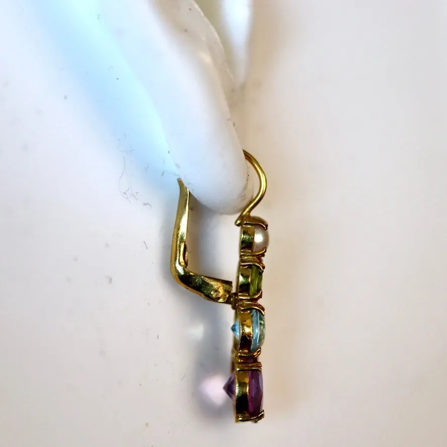 Christina Rossetti 14k Gold, Amethyst, Blue Topaz, Peridot and Pearl Earrings