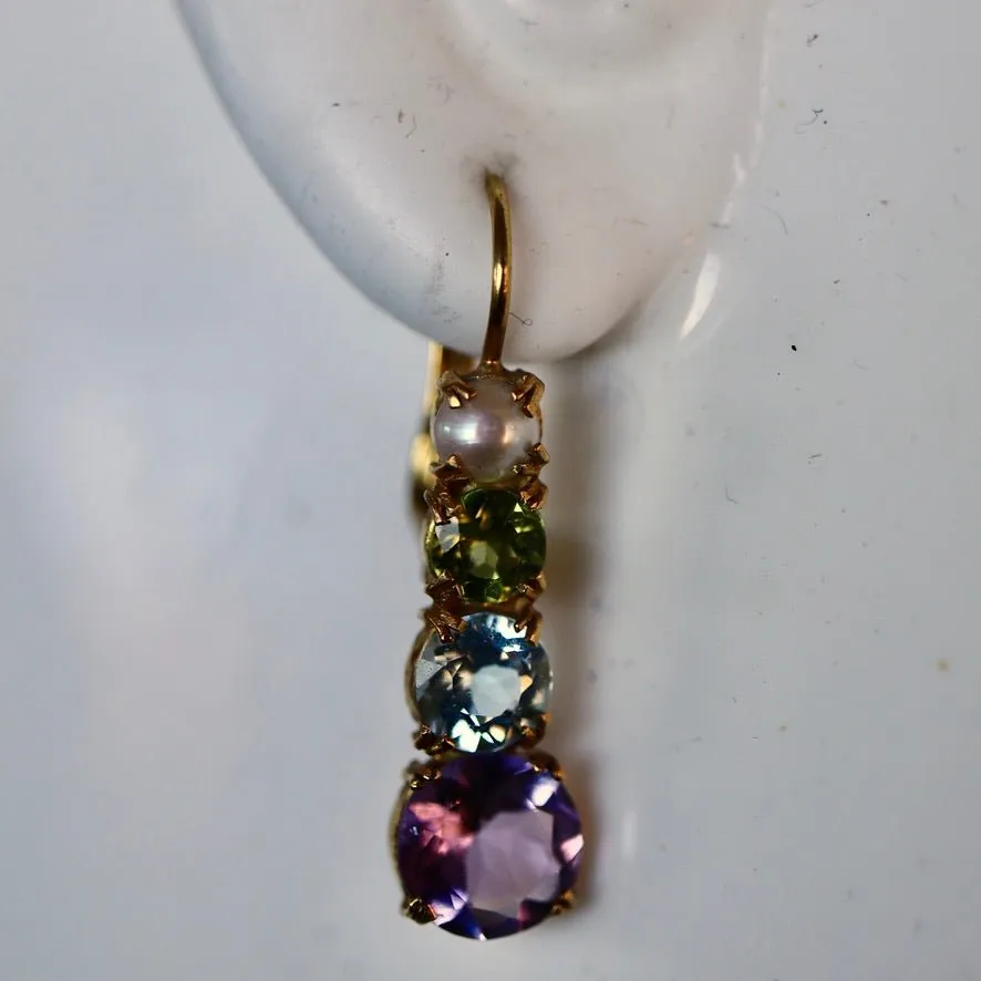 Christina Rossetti 14k Gold, Amethyst, Blue Topaz, Peridot and Pearl Earrings