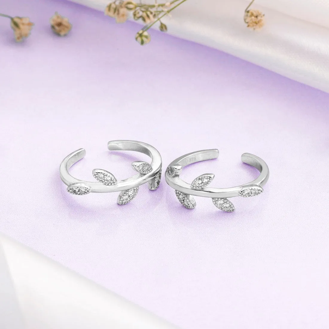 Classy CZ Leaf Rhodium Plated 925 Sterling Silver Toe Rings