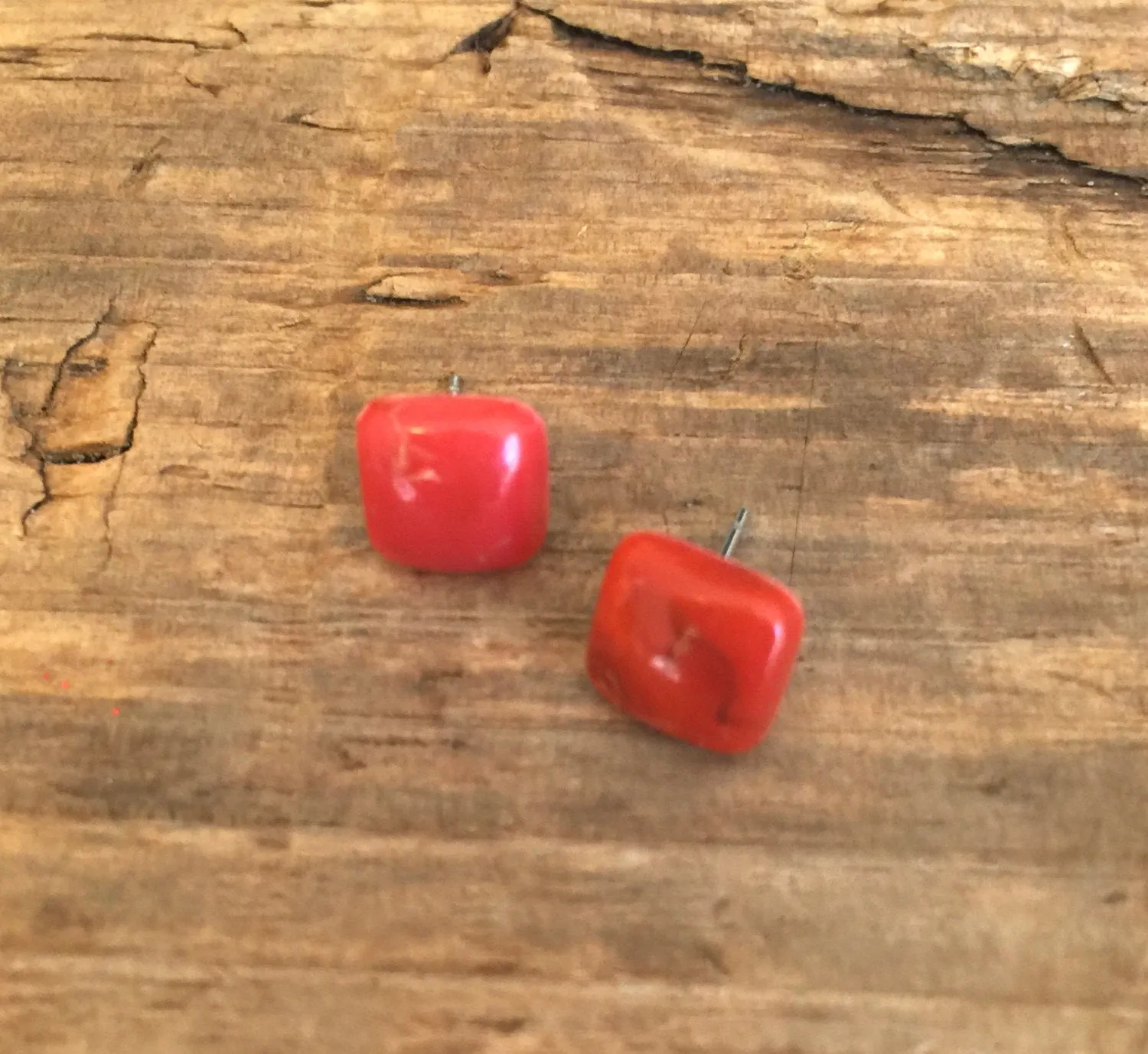 Dark Coral Flat Square Stud Earrings