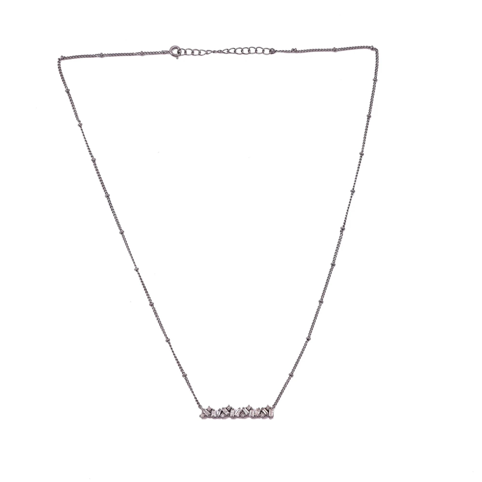 Delicate Diamond Cluster Bar Silver Necklace