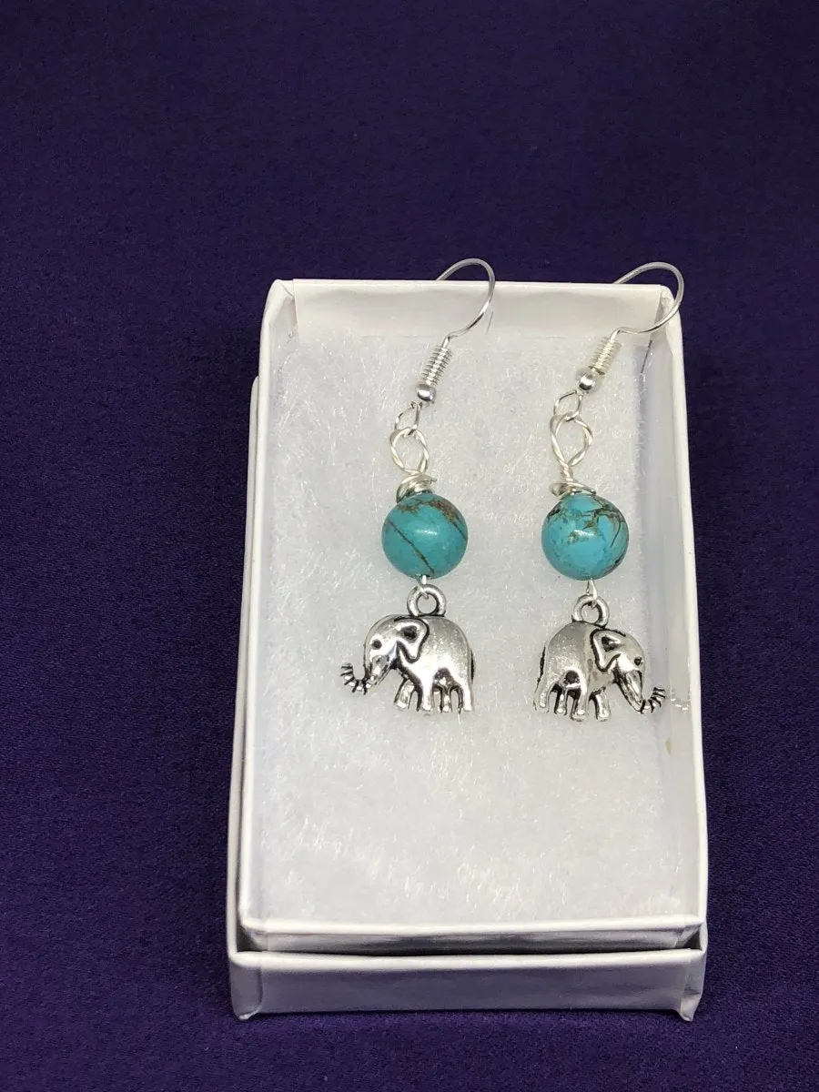 Elephant Charm Earrings with Turquoise Bead