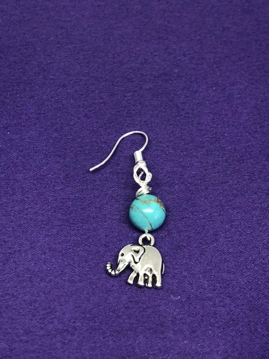 Elephant Charm Earrings with Turquoise Bead