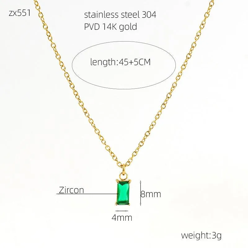 Emerald Green Zircon Pendant Necklace – 14K Gold Plated with Adjustable Chain