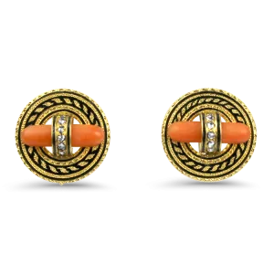 Estate 18k Yellow Gold Coral & Diamond Earrings