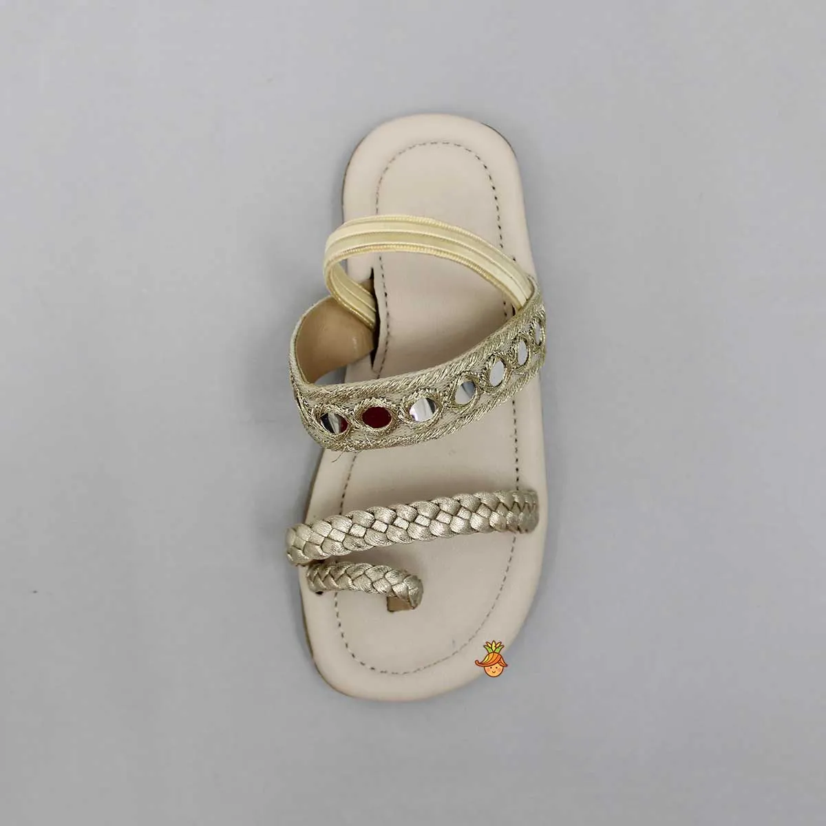 Faux Mirror Work With Braided Toe Ring Beige Base Kolhapuri Flats