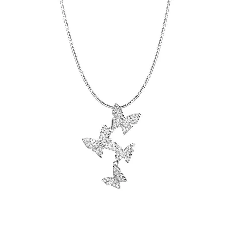 Four Zircon Butterflies Pendant Silver Necklaces for Women