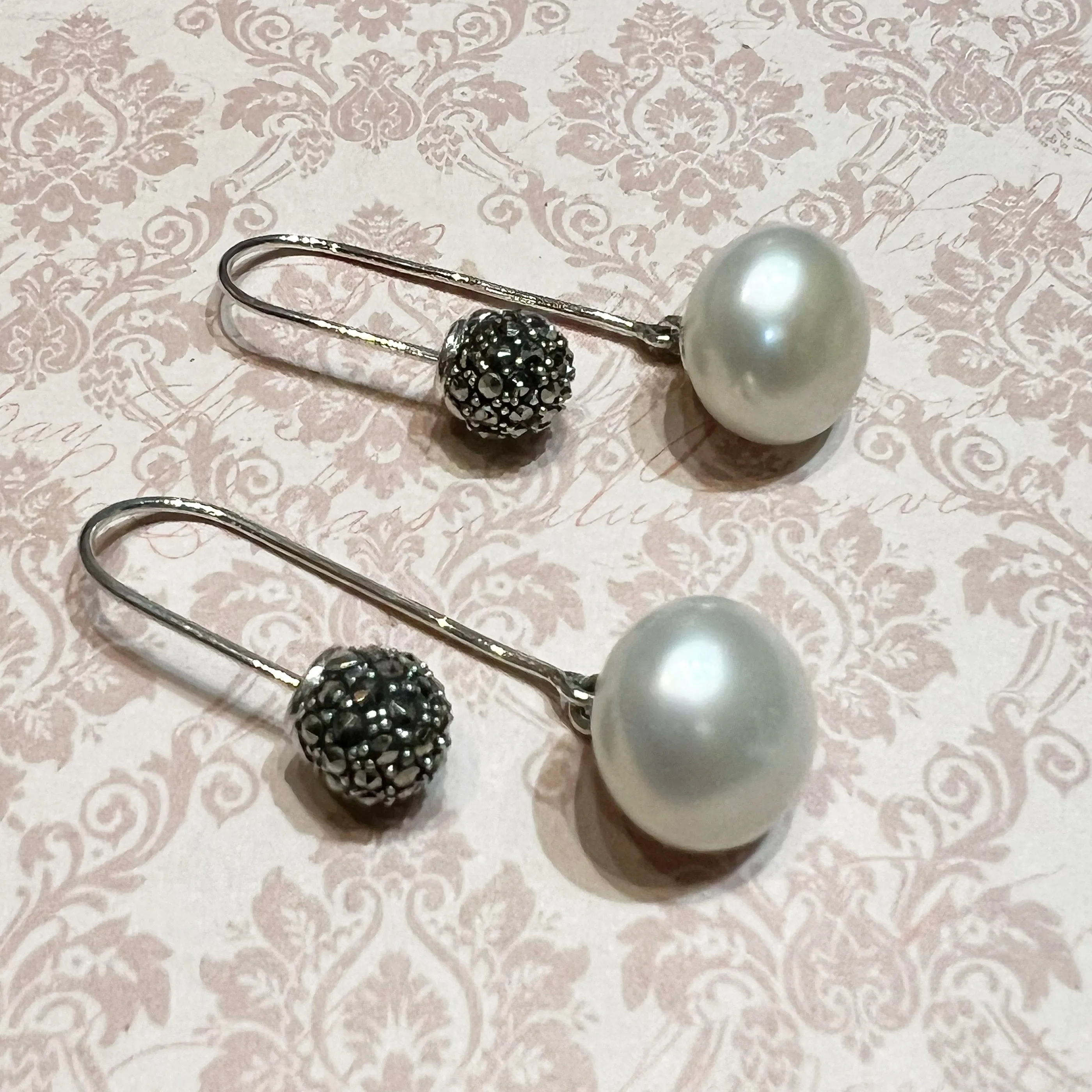 Freshwater Pearl Silver Marcasite Hoop Drop Earrings