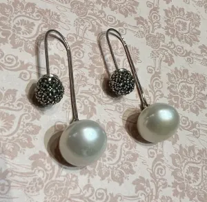 Freshwater Pearl Silver Marcasite Hoop Drop Earrings