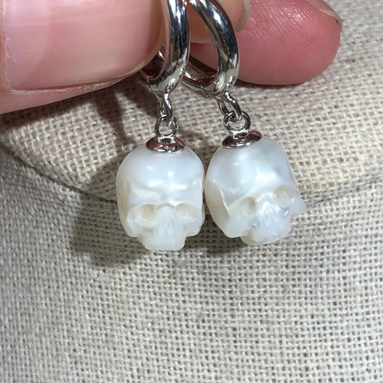 Freshwater Pearl Skull Sterling Silver Earrings