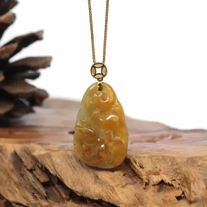 Genuine Burmese Honey Yellow Jadeite Jade Nine Tailed Fox Pendant Necklace With 18K Gold Bail