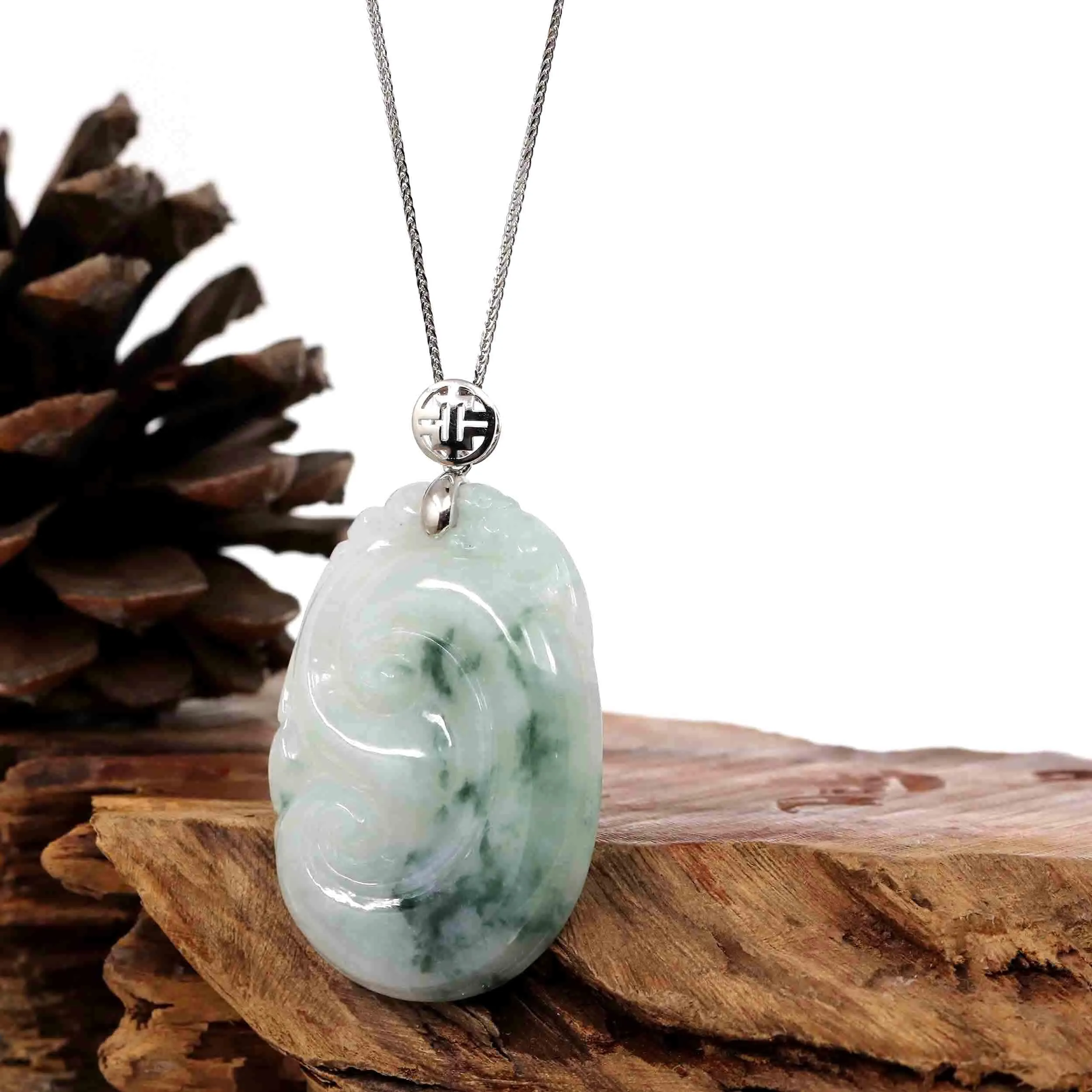 Genuine Burmese Ice Blue Jadeite Ru Yi Pendant with Sterling Silver Bail