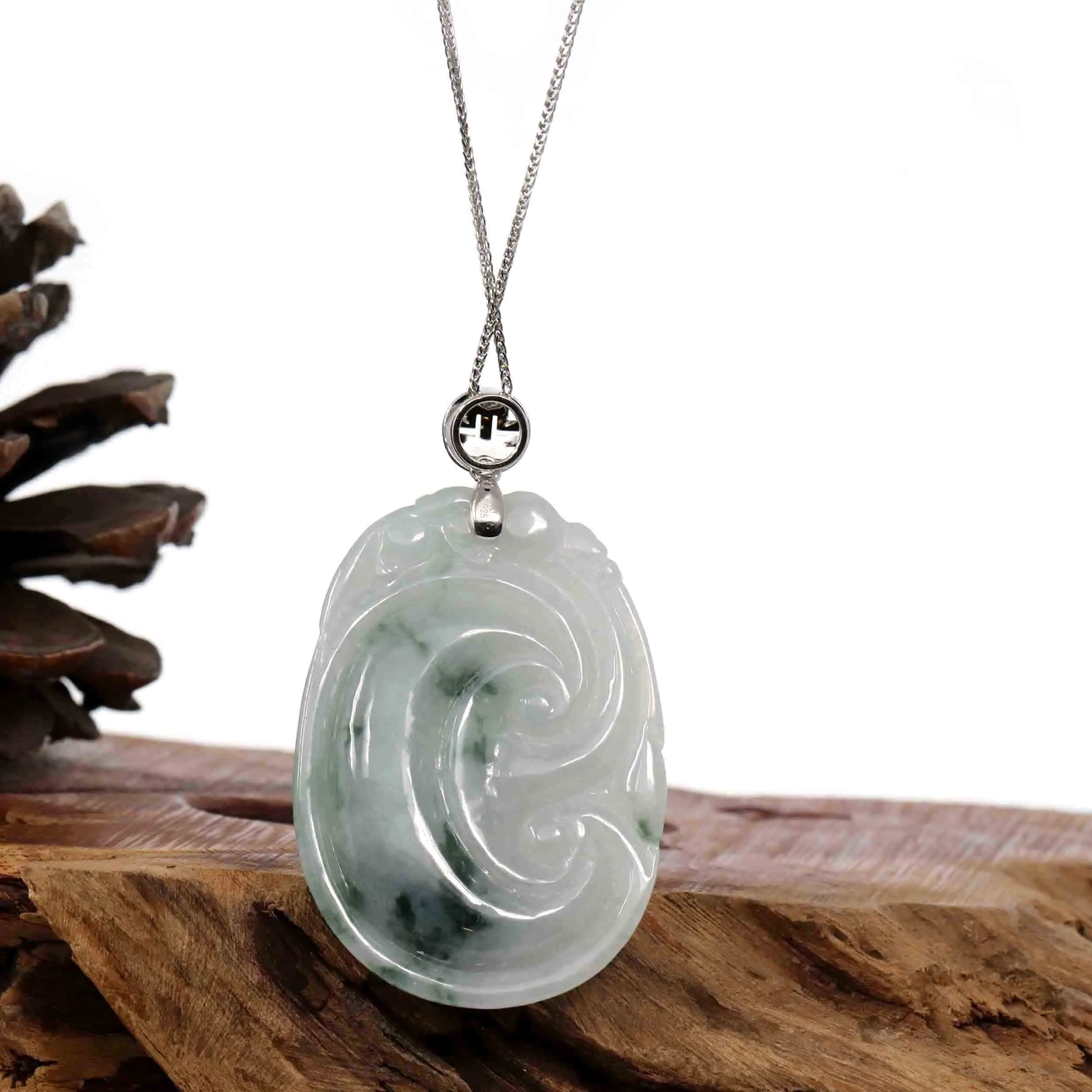 Genuine Burmese Ice Blue Jadeite Ru Yi Pendant with Sterling Silver Bail