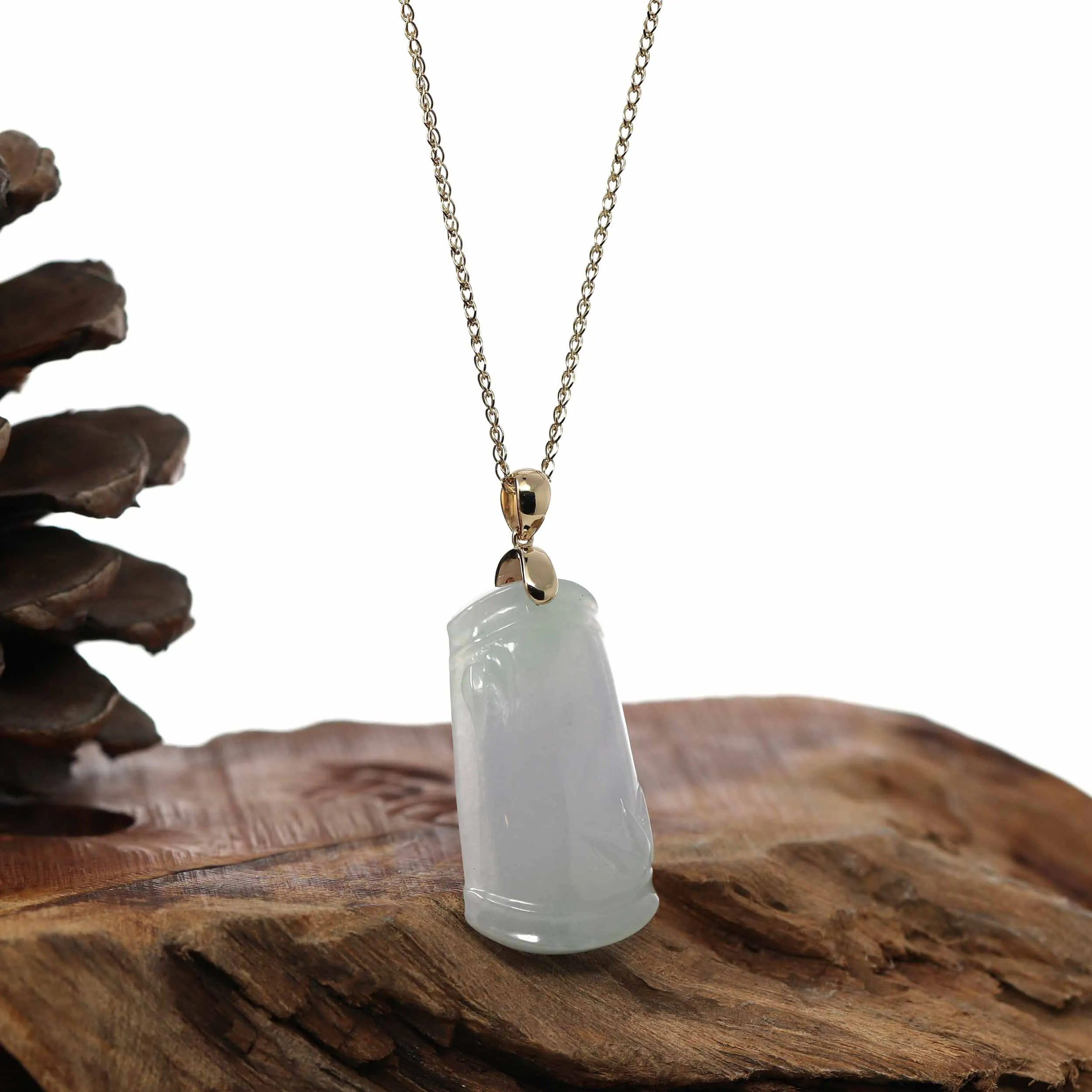 Genuine Light Lavender Jadeite Jade Good Luck Bamboo (Jie Jie Gao Sheng) Pendant Necklace With 14k Yellow Gold Bail