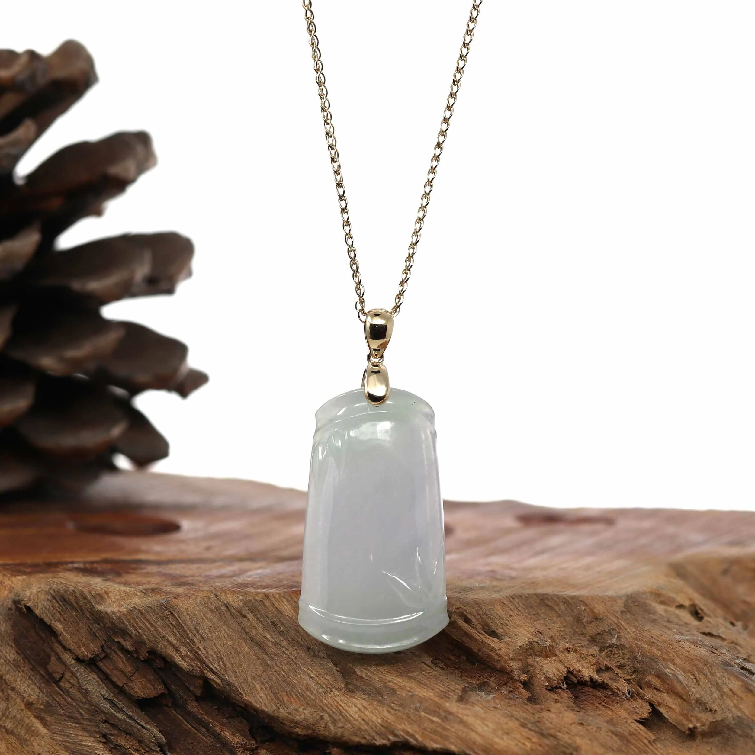 Genuine Light Lavender Jadeite Jade Good Luck Bamboo (Jie Jie Gao Sheng) Pendant Necklace With 14k Yellow Gold Bail