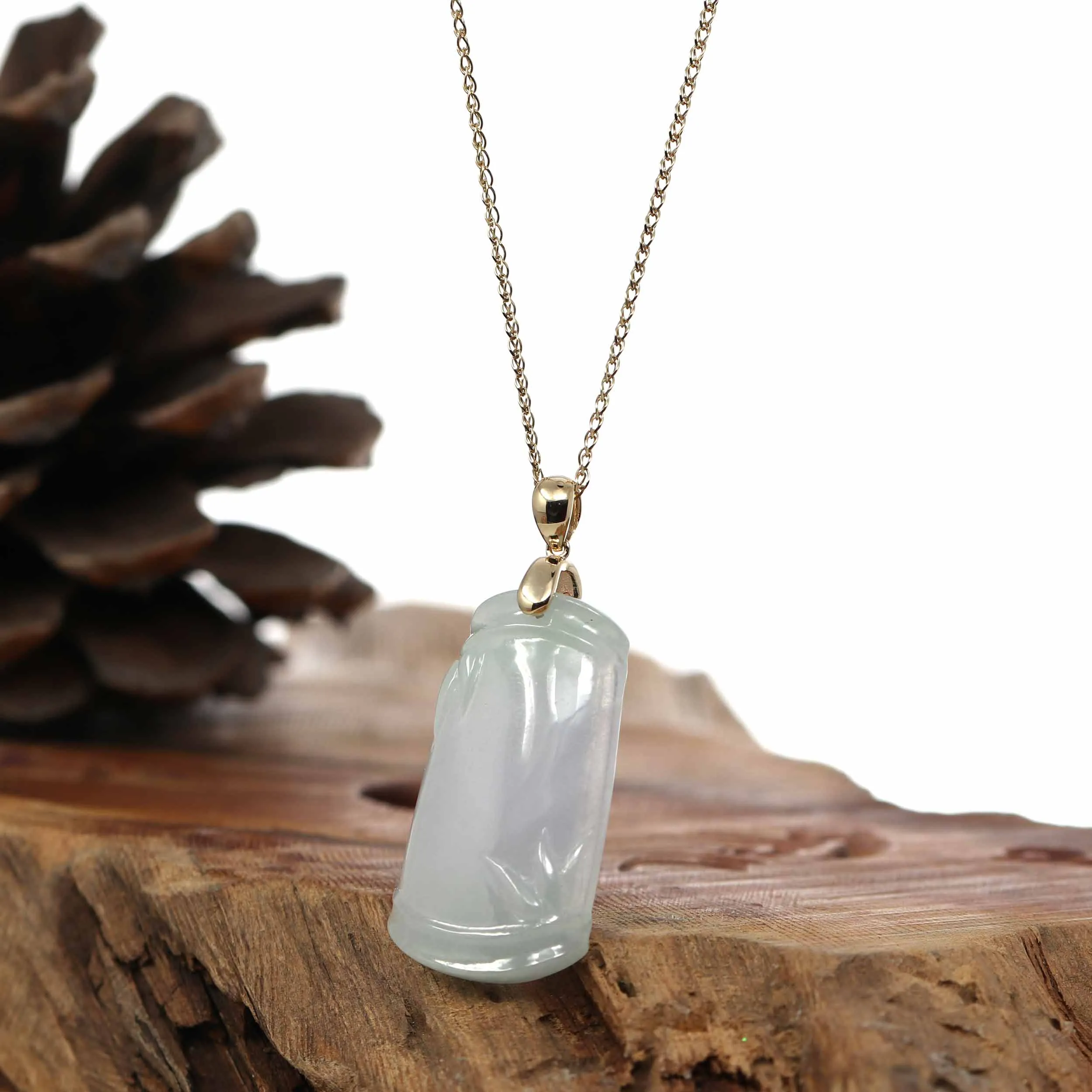 Genuine Light Lavender Jadeite Jade Good Luck Bamboo (Jie Jie Gao Sheng) Pendant Necklace With 14k Yellow Gold Bail