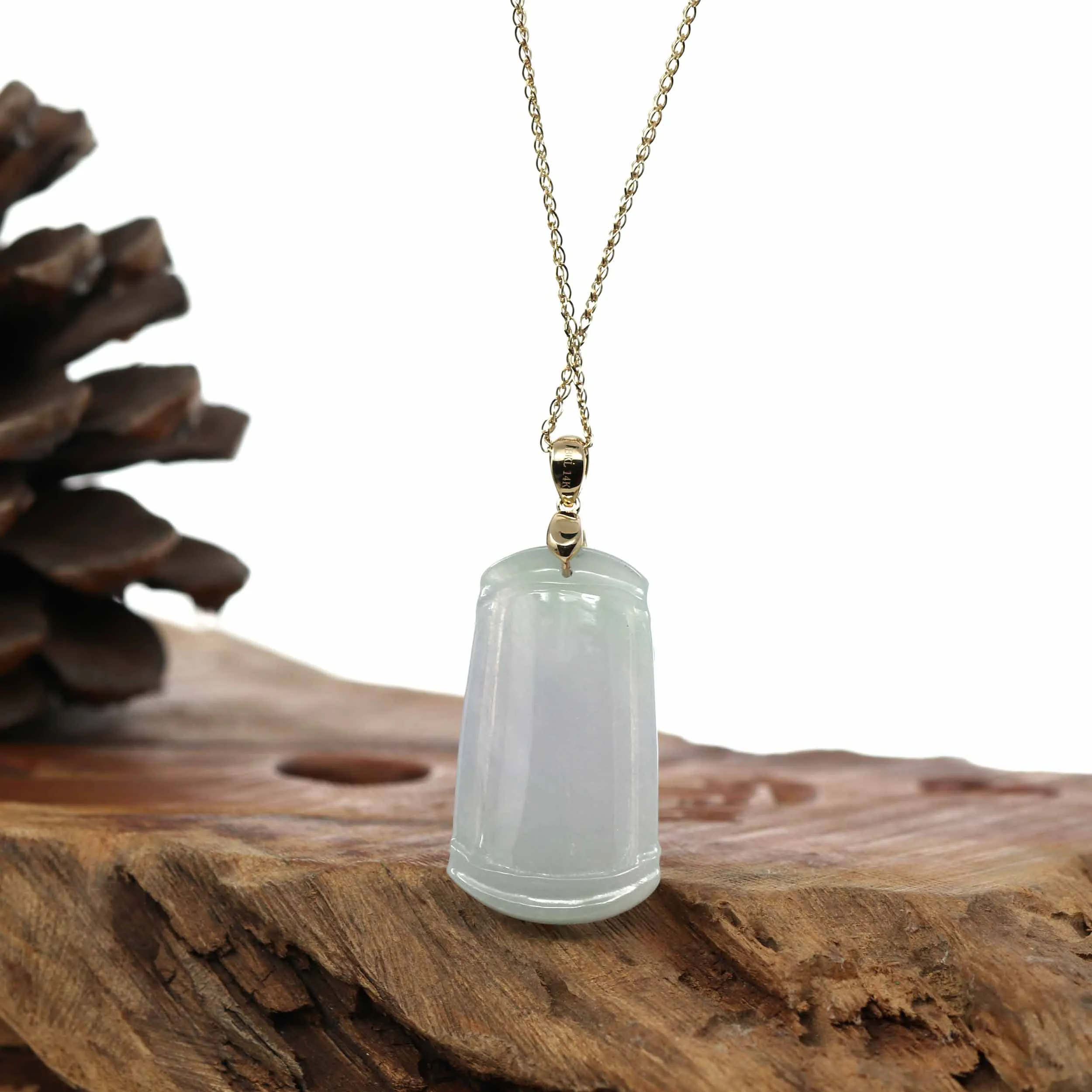 Genuine Light Lavender Jadeite Jade Good Luck Bamboo (Jie Jie Gao Sheng) Pendant Necklace With 14k Yellow Gold Bail