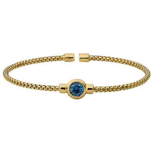 Gold Finish Sterling Silver Rounded Box Link Cuff Bracelet with Bezel Set Simulated Blue Topaz Birth Gem