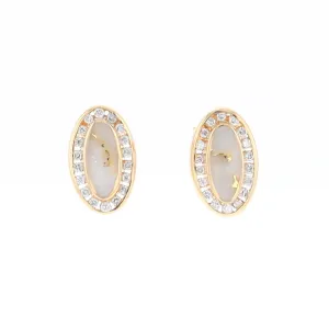 Gold Quartz Earrings Oval Inlaid with .25ctw Round Diamonds Halo