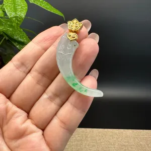 High-end 18K Yellow Gold Burmese Icy Green Jadeite Jade Tiger Tooth Pendant