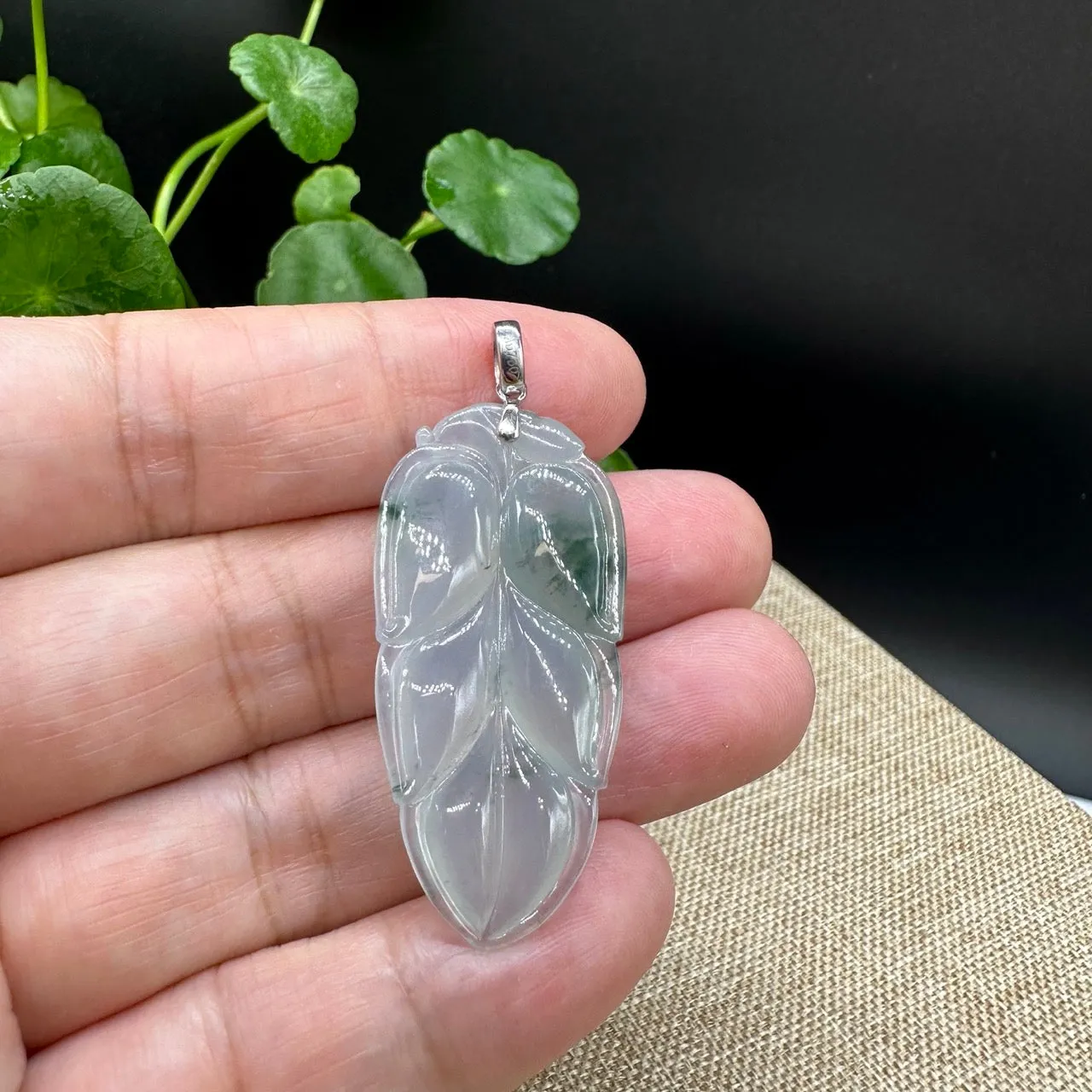 High end Genuine Ice Jadeite Jade Jin Zhi Yu Ye (Leaf) Necklace With White Gold SI Diamond Bail