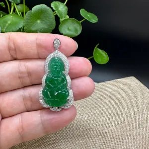 High end  "Goddess of Compassion" 18k White Gold Genuine Burmese Jadeite Jade Guanyin Necklace With Good Luck Design