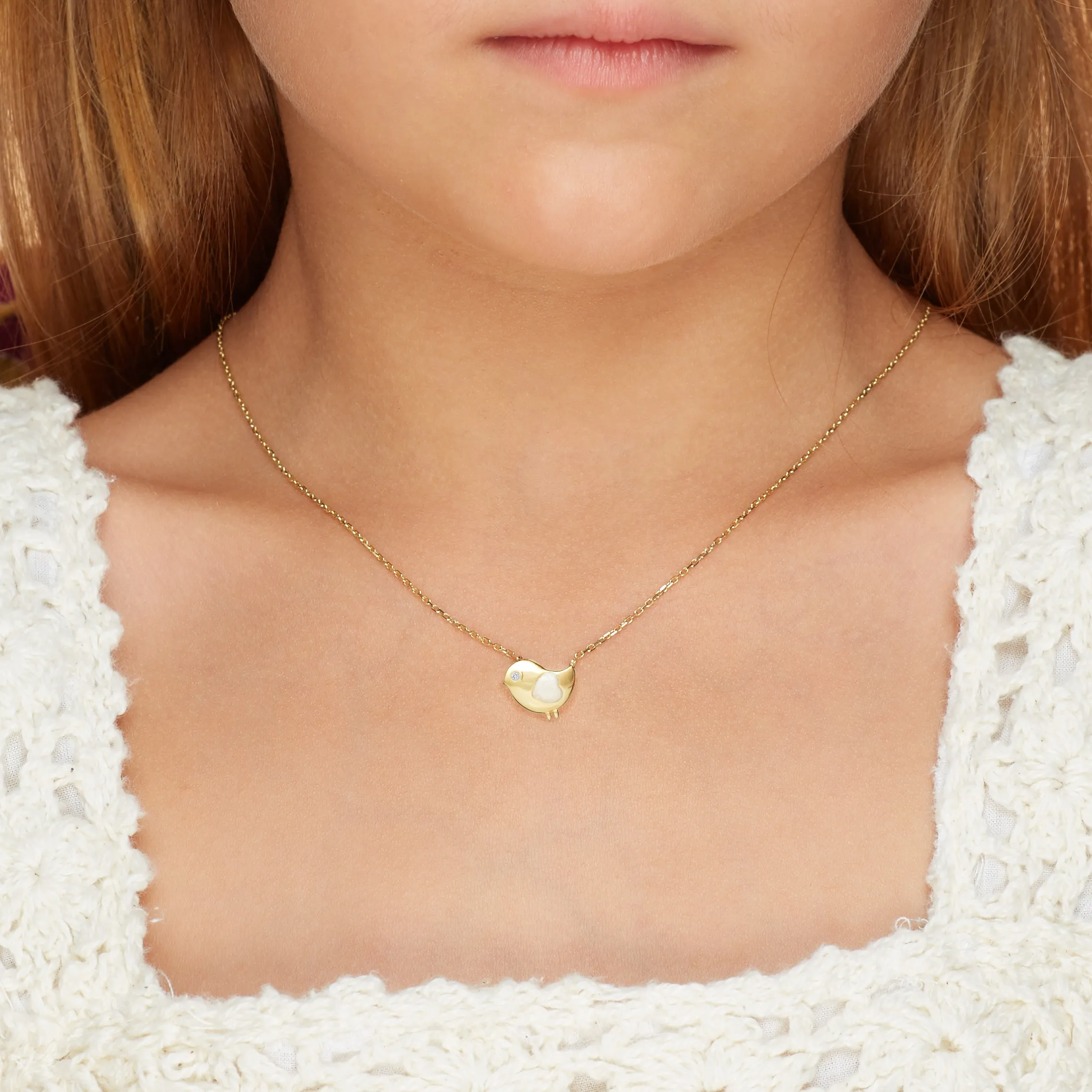 KIDS Bird Diamond Necklace - 14 karat gold necklace for girls, diamonds 0.01ct