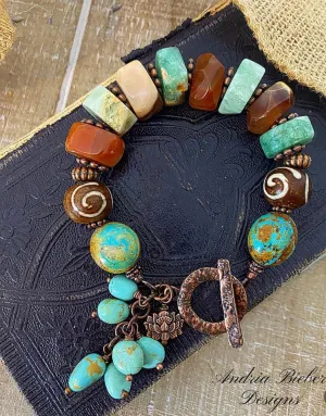 Kingman turquoise, chrysoprase, orange carnelian agate, copper metal, chunky bracelet