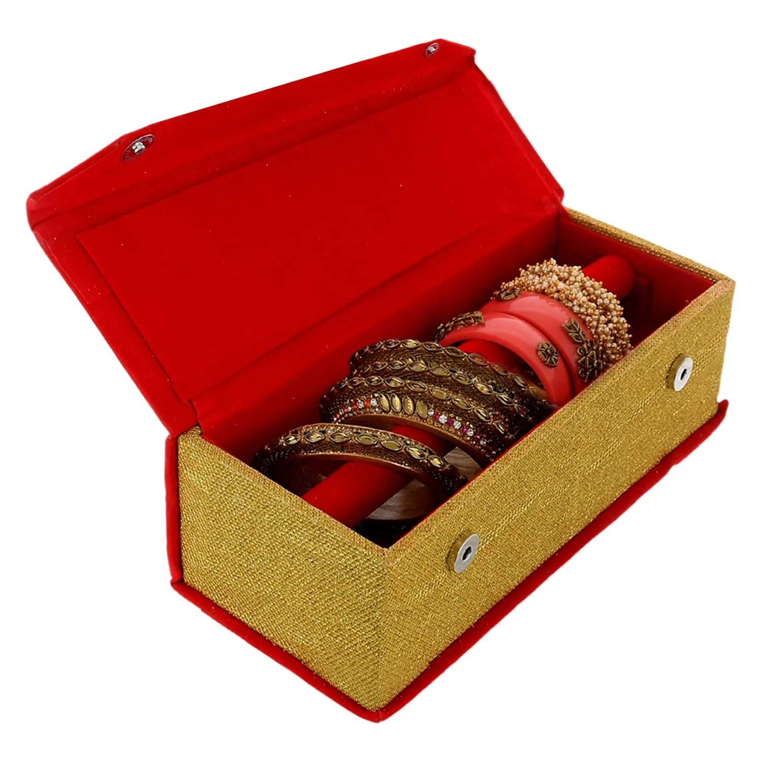 Kuber Industries Wooden Golden Glitter Laminated 1 Rod Bangle Box |Jewellery Box With Removable Rod And 2 Magnetic Buckle,Pack of 2 (Red)