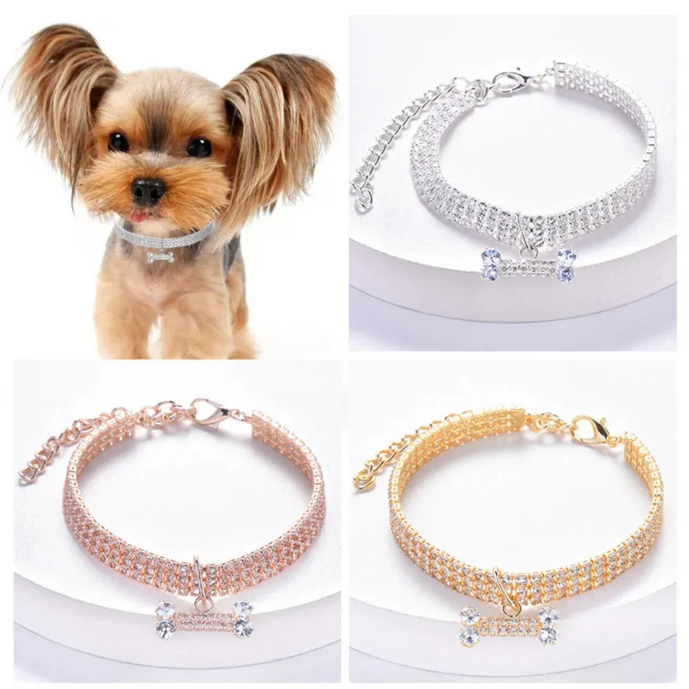 Luxury Dog Necklace – Adjustable Rhinestone Cat Collar with Bone Pendant, Premium Copper Pet Jewelry