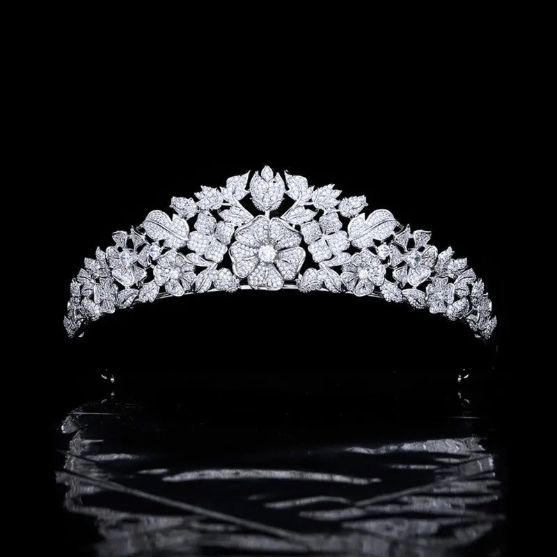 Luxury Floral Bridal Headpiece-Micro-Inlaid Cubic Zircon Wedding Crown-Tiara