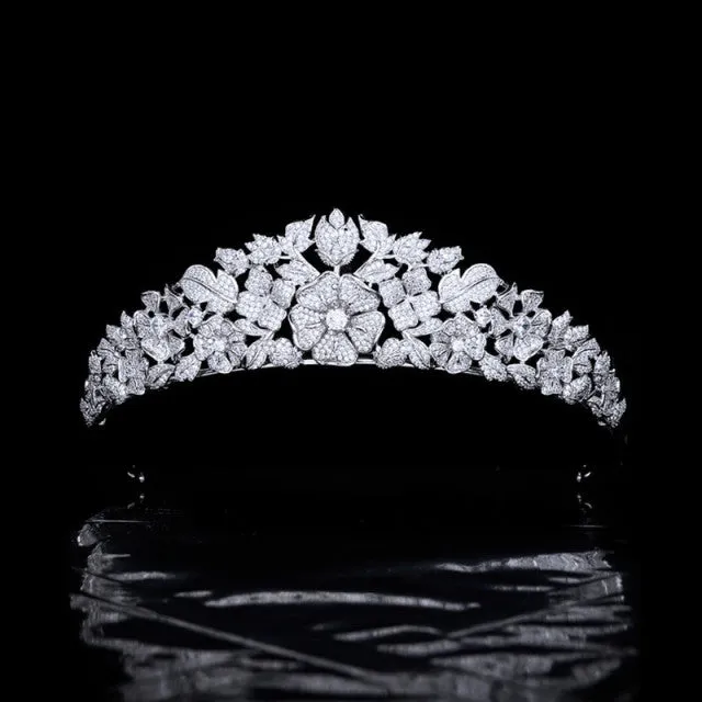 Luxury Floral Bridal Headpiece-Micro-Inlaid Cubic Zircon Wedding Crown-Tiara