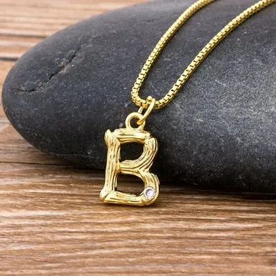 Metal Bamboo Necklace with Initial A-Z for Women and Men in Gold Color