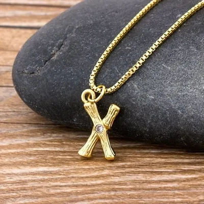 Metal Bamboo Necklace with Initial A-Z for Women and Men in Gold Color