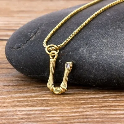 Metal Bamboo Necklace with Initial A-Z for Women and Men in Gold Color