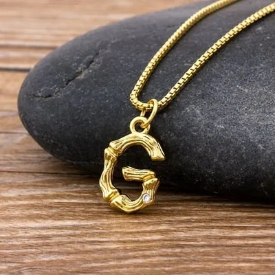 Metal Bamboo Necklace with Initial A-Z for Women and Men in Gold Color