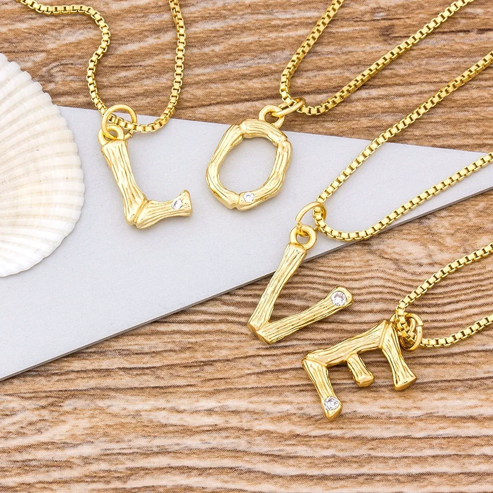 Metal Bamboo Necklace with Initial A-Z for Women and Men in Gold Color