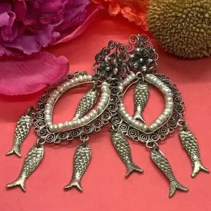 Mexican Oaxacan pearl silver filigree fish dangle earrings