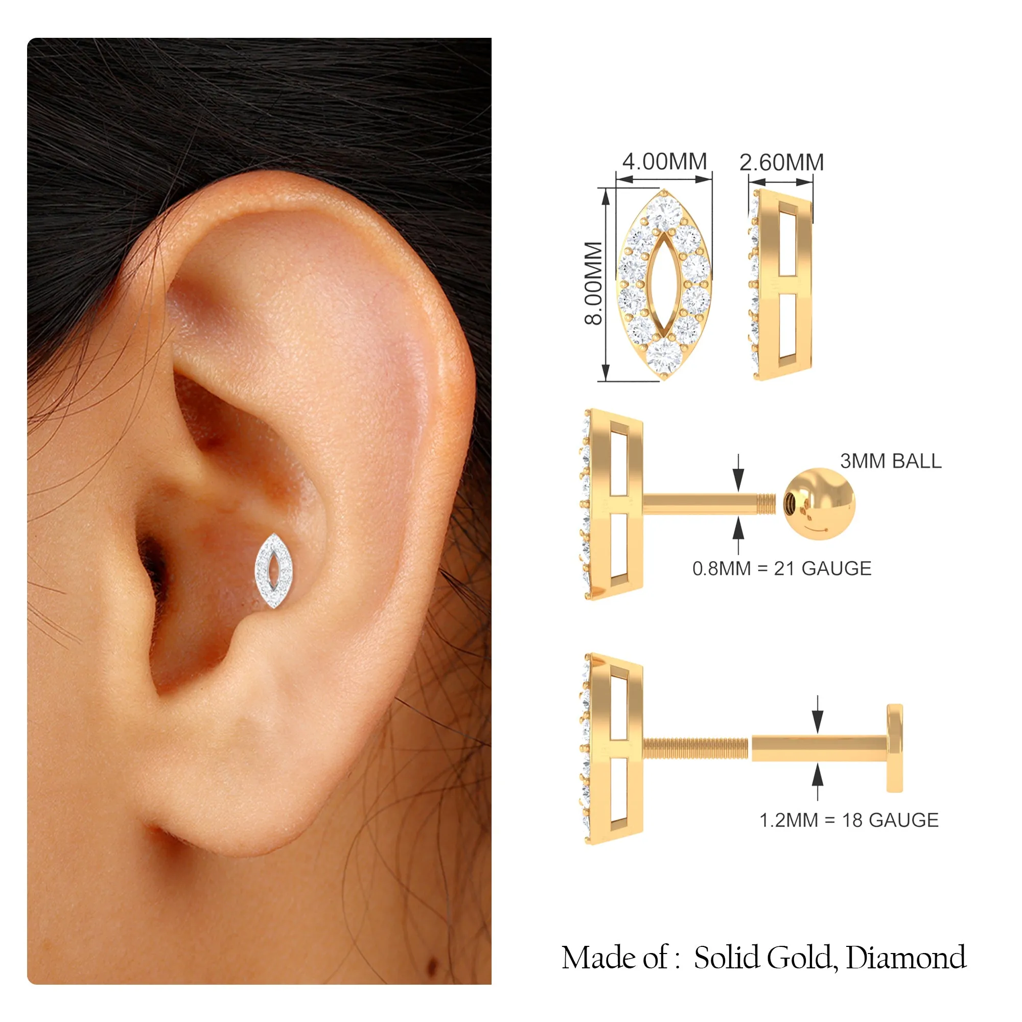 Minimalist Moissanite Tragus Earring in Pave Setting