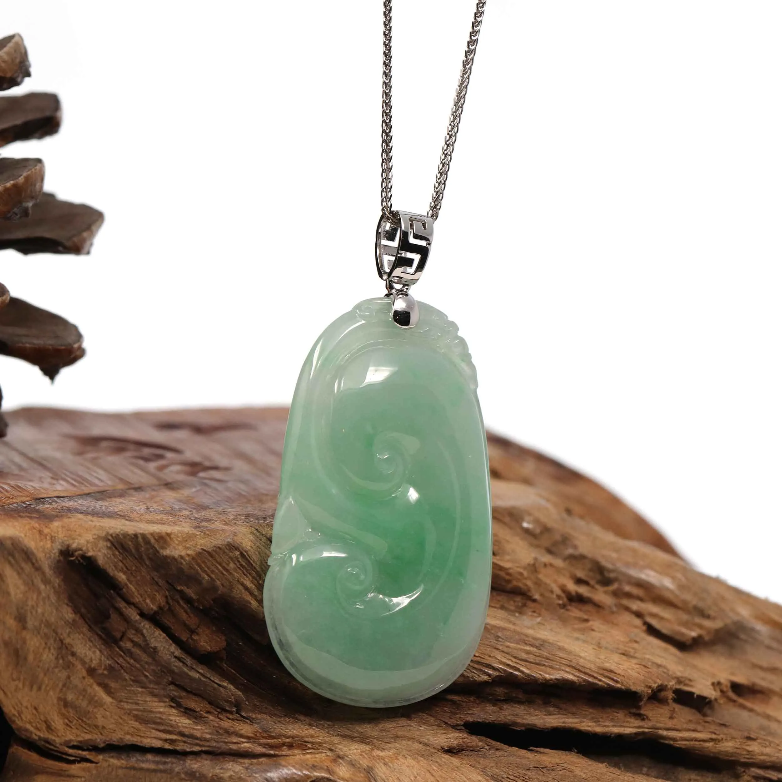 Natural Green Jadeite Jade Ru Yi Necklace With 14k White Gold Bail