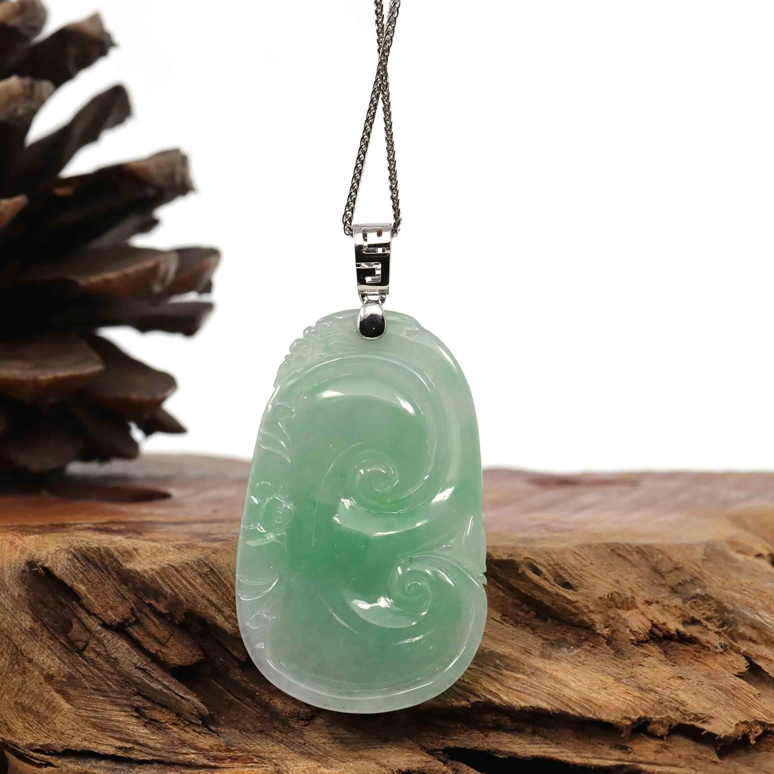 Natural Green Jadeite Jade Ru Yi Necklace With 14k White Gold Bail