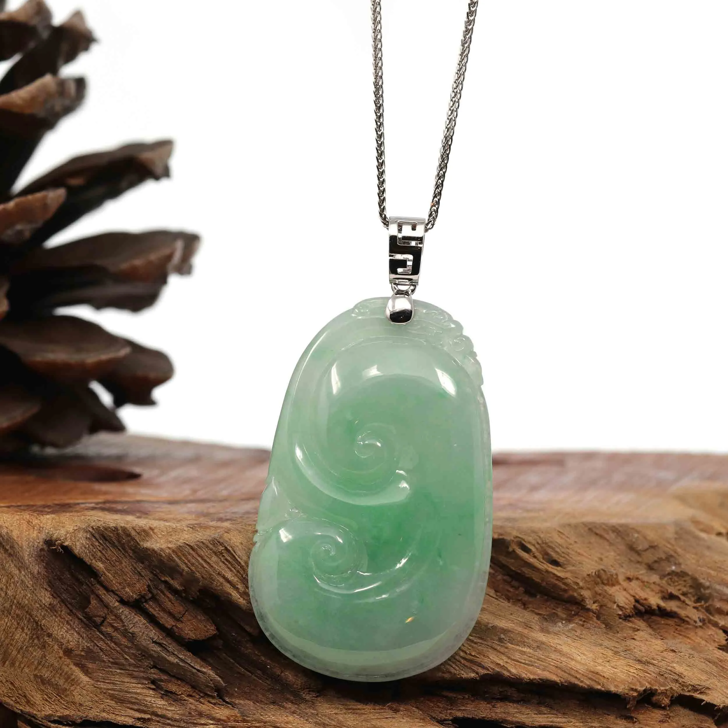 Natural Green Jadeite Jade Ru Yi Necklace With 14k White Gold Bail